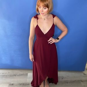 Burgundy Lulu’s wrap cocktail dress